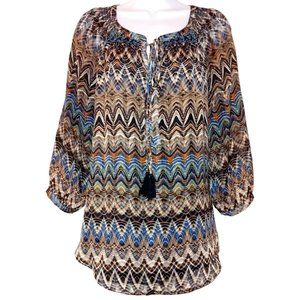 ANTHROPOLOGIE MEADOW RUE Medium Multi-Color Chevron Print Lined Peasant Blouse